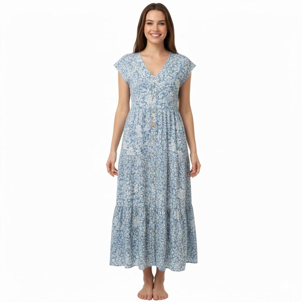 blu pepper, M, Blue Floral, Button Front Midi Dress